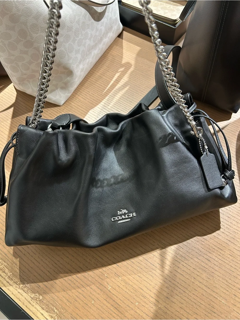 Coach Black calf  Leather cloud Shoulder Bag with Silver Chain  new